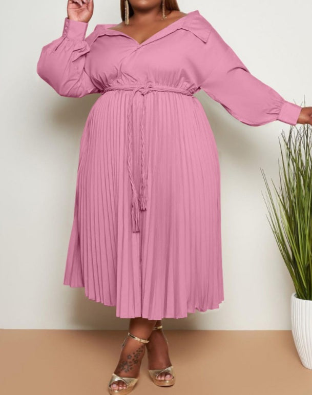 Solid V Neck Pleated Plus Size Maxi Dress